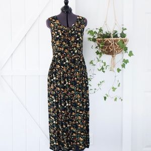 Vintage April Cornell sleeveless button front sheer floral long dress.